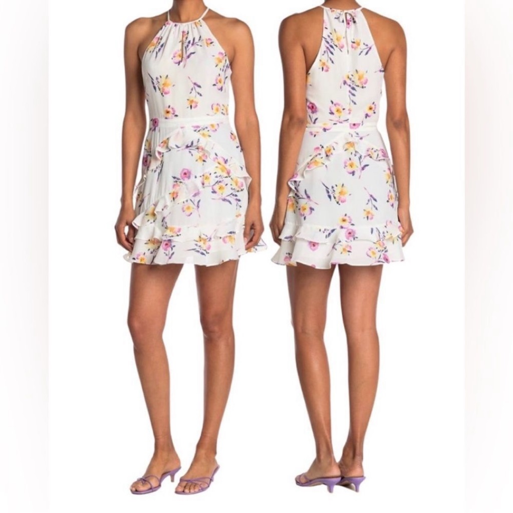 Parker Floral Halter Tiered Ruffle Mini Dress Cocktail Women Size Large